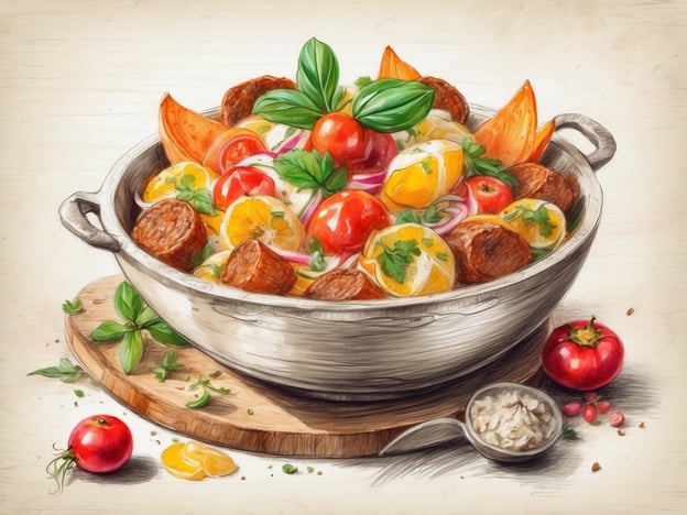 Auf dem Bild ist ein appetitlicher Gericht zu sehen, das in einem großen Topf serviert wird. Es enthält saftige Fleischbällchen, bunte Tomaten, frische Kräuter wie Basilikum und eine Vielzahl von Gemüse. Gelbe und orangefarbene Kürbisse sowie rote Zwiebeln ergänzen die Farbenpracht. Daneben gibt es eine kleine Schüssel mit gewürztem Salz oder Dipsauce, die das Gericht perfekt abrunden. Insgesamt sieht es nach einem herzhaften und gesunden Genuss aus, der zum Teilen einlädt.