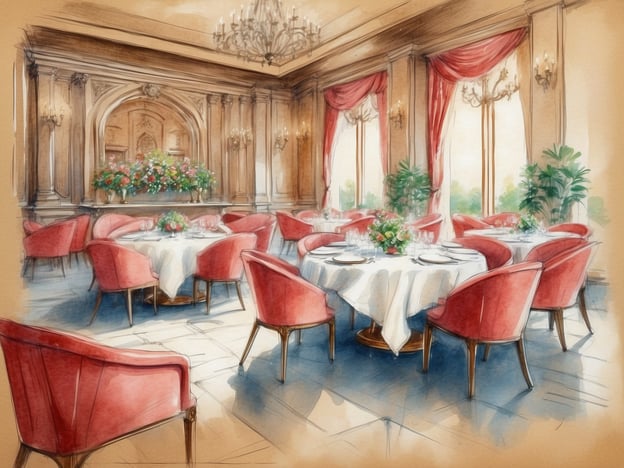 Auf dem Bild ist ein elegantes Restaurant in einem Hotel zu sehen. Die Tische sind schön gedeckt mit weißen Tischdecken, und die rot gepolsterten Stühle verleihen dem Raum eine gemütliche Atmosphäre. Große Fenster lassen viel Licht herein und bieten einen Blick auf die Umgebung. Die stilvolle Einrichtung, einschließlich der Blumenarrangements und der Kronleuchter, schafft eine einladende und luxuriöse Umgebung, die perfekt für kulinarische Erlebnisse ist. Gäste können hier exquisite Speisen genießen und sich in einem geschmackvollen Ambiente verwöhnen lassen.