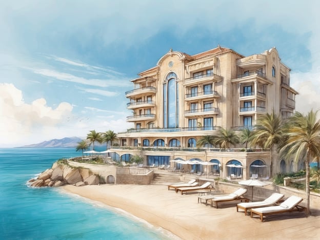 Auf dem Bild ist ein künstlerisches Rendering eines eleganten Hotels zu sehen, das direkt am Meer liegt. Es zeigt einen großzügigen, modernen Bau mit großen Fenstern und Balkonen, umgeben von Palmen und einem Strandbereich mit Liegen und Sonnenschirmen. Die Kulisse vermittelt eine entspannte, luxuriöse Atmosphäre, ideal für einen Urlaub am Meer.

Das Allsun Hotel Riviera Playa ist ein malerisches Hotel auf Mallorca, das Gästen eine beeindruckende Nähe zum Wasser, stilvolle Unterkünfte und verschiedene Annehmlichkeiten bietet. Es ist ideal für Erholungssuchende, die einen Blick auf das Meer und direkten Zugang zum Strand genießen möchten. Das Hotel bietet auch zahlreiche Freizeitaktivitäten und kulinarische Angebote, die den Aufenthalt unvergesslich machen.