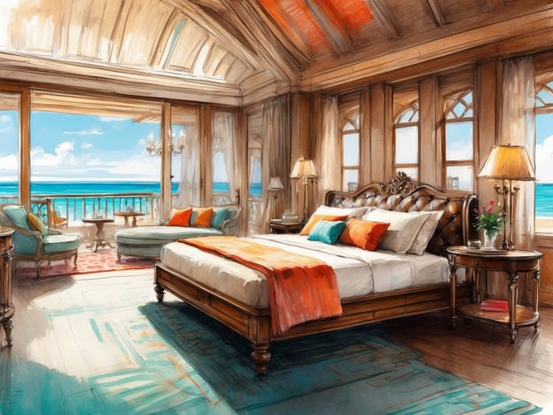 Auf dem Bild ist ein elegantes Schlafzimmer mit großen Fenstern zu sehen, die einen Blick auf das Meer bieten. Die Einrichtung ist stilvoll und lädt zur Entspannung ein. Es gibt ein großes Bett mit farbigen Kissen, das Komfort verspricht. In der Ecke stehen gemütliche Sessel sowie ein Tisch, ideal für eine Tasse Kaffee oder einen entspannenden Nachmittag. Der Raum wirkt hell und freundlich, perfekt für wohltuende Momente wie Lesen oder einfach nur das Meer zu genießen.