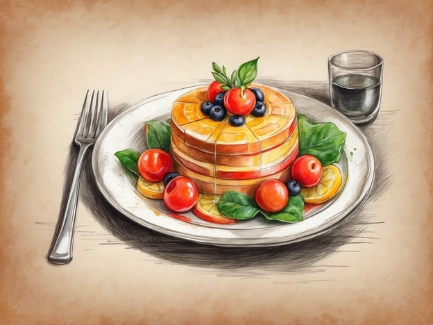 Auf dem Bild ist ein kunstvoll angerichteter Teller mit Pancakes zu sehen. Die Pancakes sind schichtweise gestapelt und mit frischen Beeren, kleinen Tomaten und Blättern garniert. Neben dem Teller steht ein Glas mit einem dunklen Getränk, möglicherweise Sirup oder ein anderer Fruchtsaft. Solch ein kulinarisches Arrangement könnte hervorragend zu einem Frühstück im Hotel passen und vermittelt eine einladende und appetitliche Atmosphäre.