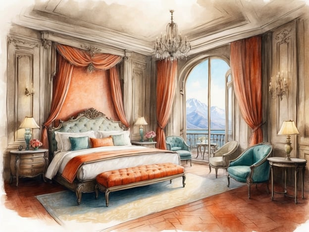 Auf dem Bild ist ein elegantes Zimmer zu sehen, das sich wahrscheinlich in einer gehobenen Unterkunft befindet. Es gibt ein großes, stilvolles Bett mit einer dekorativen Kopfstütze und einer orangen Bettdecke. Zwei Nachttische mit lampen und Blumenvasen stehen neben dem Bett. Der Raum hat große Fenster, die einen Blick auf schneebedeckte Berge ermöglichen, und ist mit hellen Vorhängen sowie einem ansprechenden Teppich ausgestattet. Außerdem sind gemütliche Sessel und ein kleiner Tisch im Raum platziert, was eine einladende Atmosphäre schafft.