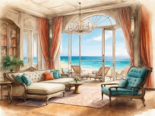 Auf dem Bild ist eine elegante und einladende Lounge mit Blick auf das Meer zu sehen. Die Einrichtung zeigt eine gemütliche Sofa- und Stuhlgruppe, die mit hellen Farben und dekorativen Kissen geschmückt ist. Große Fenster erlauben den Blick auf den Strand und das Wasser, während sanfte Vorhänge und eine stilvolle Deckenleuchte eine luxuriöse Atmosphäre schaffen.

Das Hotel Esplendido ist bekannt für seine erstklassigen Dienstleistungen und außergewöhnliche Lage direkt am Strand. Es bietet Gästen eine Mischung aus Komfort und einem Hauch von Nostalgie, ideal für entspannende Urlaube. Die herrlichen Ausblicke und die elegante Innenausstattung tragen zu einem unvergesslichen Aufenthalt bei.