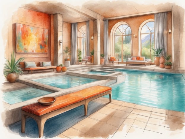 Auf dem Bild ist ein schöner Wellnessbereich im Hotel zu sehen. Es gibt einen Pool und kleine Whirlpools, die zum Entspannen einladen. Die Einrichtung ist modern und gemütlich mit bequemen Sitzgelegenheiten und dekorativen Pflanzen. Die großen Fenster bieten einen Blick auf die Natur, was für eine angenehme Atmosphäre sorgt. Freizeitalternativen in solch einem Umfeld könnten Schwimmen, Entspannen am Pool oder einfach nur das Genießen der Ruhe und der Aussicht sein. Man könnte auch in einem der komfortablen Sessel sitzen und ein gutes Buch lesen.