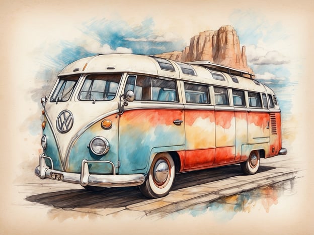 Auf dem Bild ist ein farbenfroher Volkswagen-Bus zu sehen, der im klassischen Stil gehalten ist. Der VW-Bus hat eine auffällige Farbkombination aus Blau und Rot. Im Hintergrund sieht man eine Felsenlandschaft mit wolkenlosem Himmel, was eine nostalgische und zugängliche Atmosphäre vermittelt. Insgesamt wirkt das Bild, als wäre es eine künstlerische Darstellung, die Abenteuer und Freiheit symbolisiert.