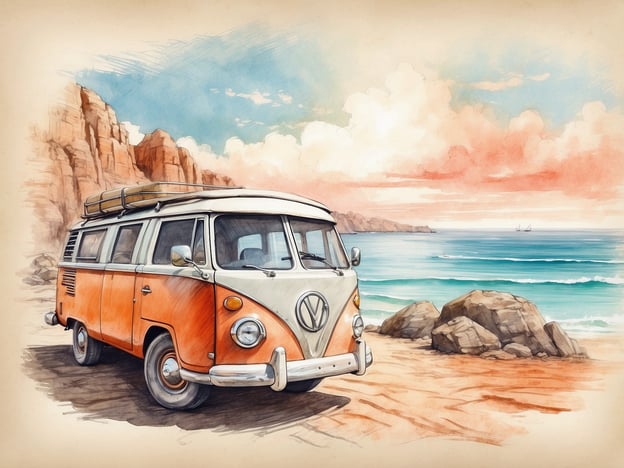 Auf dem Bild ist ein farbenfroher VW-Bus zu sehen, der am Strand geparkt ist. Die Szenerie zeigt eine wunderschöne Küstenlandschaft mit sanften Wellen und einem malerischen Himmel. Diese Umgebung lädt zu Aktivitäten wie einem Strandpicknick, Surfen oder einfach zum Entspannen ein. Der VW-Bus könnte auch für einen Roadtrip verwendet werden, um neue Abenteuer entlang der Küste zu erleben.