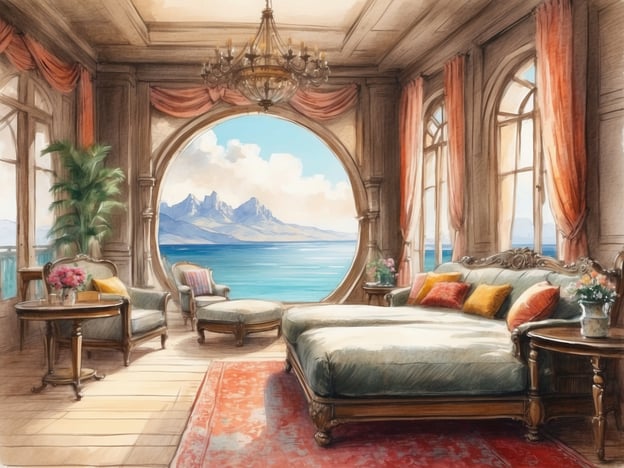 Auf dem Bild ist ein elegantes Zimmer mit einem großartigen Blick auf das Meer und die Berge zu sehen. Das Zimmer ist stilvoll dekoriert mit komfortablen Möbeln, einem großen Bett und vielen Fenstern, die viel Tageslicht hereinlassen. Die Farben sind warm und einladend, was dem Raum eine gemütliche Atmosphäre verleiht. 

Willkommen im Aldiana Club Andalusien!