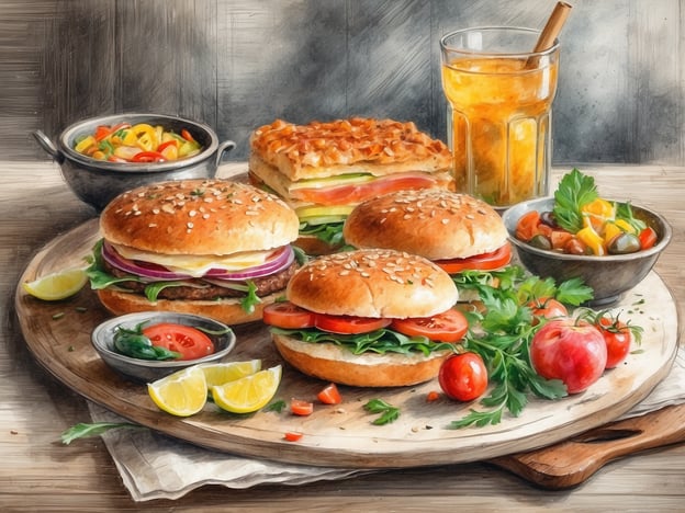 Auf dem Bild ist eine ansprechende kulinarische Auswahl zu sehen. Im Mittelpunkt stehen frisch zubereitete Burger mit Sesambrötchen, die mit verschiedenen Zutaten wie Salat, Tomaten, Zwiebeln und Käse belegt sind. Neben den Burgern befinden sich bunte Salate in kleinen Schalen, die aus frischem Gemüse bestehen. 

Außerdem sieht man eine köstliche Lasagne, die schichtweise mit Zutaten gefüllt ist, und ein Glas erfrischenden Getränks, wahrscheinlich ein Fruchtsaft. Auf dem Holzbrett liegen zudem einige Zitronenscheiben und kleine Tomaten, die als zusätzliche Beilage dienen. Insgesamt vermittelt das Bild eine einladende und geschmackvolle Präsentation von Speisen und bietet eine Vielzahl an Spezialitäten.