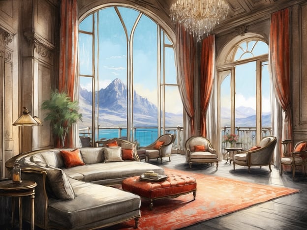 Über das Hotel: Das Bild zeigt eine elegante und luxuriöse Lobby oder Lounge mit großen Fenstern, die einen atemberaubenden Blick auf eine Berglandschaft und einen See ermöglichen. Die Einrichtung besteht aus einem stilvollen, hellen Sofa mit farbigen Kissen, einem eleganten Teppich und gemütlichen Sesseln. Große Vorhänge und ein prachtlicher Kronleuchter verleihen dem Raum eine edle Atmosphäre. Die gesamte Gestaltung strahlt einen Hauch von Raffinesse und Komfort aus, ideal für entspannte Momente mit Blick auf die Natur.