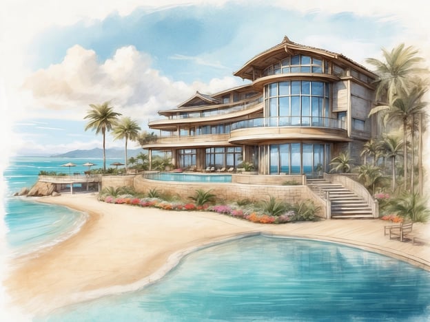 Auf dem Bild ist eine luxuriöse Villa zu sehen, die direkt am Strand liegt. Die Architektur ist modern und elegant, mit großen Fenstern, die einen schönen Blick auf das Meer bieten. 

**Standort:** Die Villa befindet sich an einem malerischen Küstenabschnitt, umgeben von Palmen und einer einladenden Landschaft.

**Annehmlichkeiten:** Es gibt einen Infinity-Pool, der in den Ozean überzugehen scheint, sowie mehrere Liegestühle und Sonnenschirme für Entspannung. Die Umgebung ist mit bunten Blumen geschmückt, was zur tropischen Atmosphäre beiträgt.