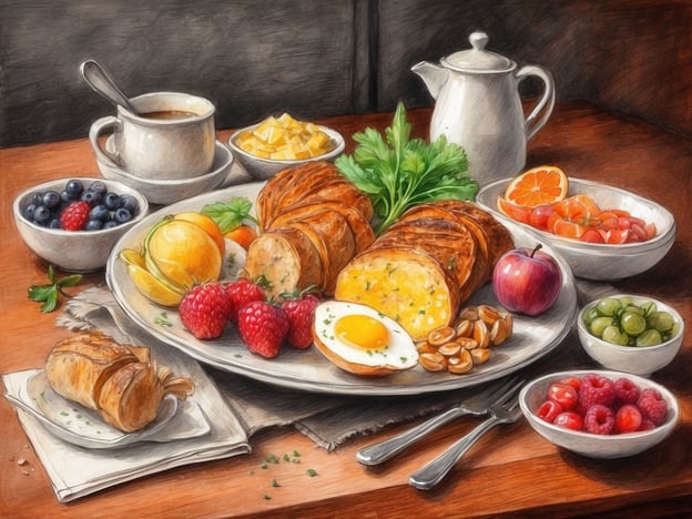 Auf dem Bild ist ein üppiges Frühstücks- oder Brunch-Arrangement zu sehen. Es umfasst frisch gebackenes Gebäck, das knusprig und goldbraun aussieht, sowie eine rustikale Art von Brötchen. Auf dem großen Teller liegen ein gekochtes Ei mit einem perfekten Eigelb und einige Nüsse. Um das Hauptgericht herum befinden sich frische Früchte wie Himbeeren, Heidelbeeren, Mandarinen, Äpfel und Aprikosen, die für eine fruchtige Frische sorgen. Kleine Schalen enthalten zusätzlich Beeren und grüne Oliven. Dazu gibt es eine Tasse Kaffee und einen Teekännchen, die das kulinarische Erlebnis abrunden. Das Gesamtbild strahlt Genuss und Geselligkeit aus.