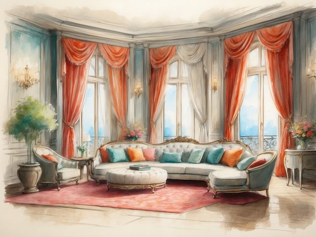 Auf dem Bild sehen wir eine elegante und luxuriöse Lounge, die mit viel Liebe zum Detail gestaltet ist. Die sanften Farben und die geschmackvollen Möbel schaffen eine entspannte Atmosphäre. Große Fenster lassen viel Licht herein und bieten einen Blick nach draußen, während die üppigen Vorhänge in warmen Rottönen für eine gemütliche Note sorgen. Ein runder Tisch in der Mitte und eine üppige Pflanzenanordnung verleihen dem Raum ein harmonisches Flair. Die gesamte Gestaltung lädt dazu ein, sich zurückzulehnen und die Ruhe zu genießen.