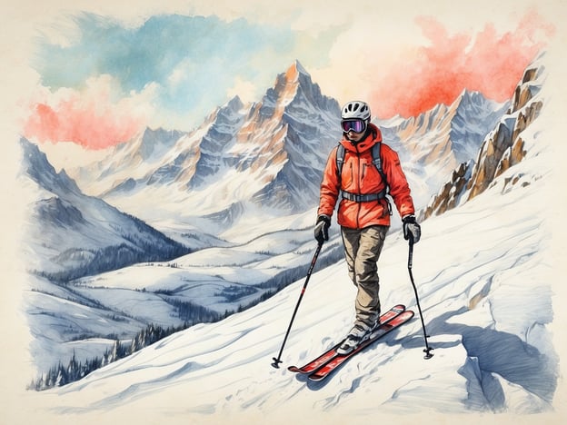 Auf dem Bild ist eine Person zu sehen, die auf Skiern fährt, umgeben von einer beeindruckenden Berglandschaft mit schneebedeckten Gipfeln und Tannenbäumen. Das Motiv erinnert an das Langlaufen, eine beliebte Wintersportart, die sich durch die schmale Ski- und Bindungstechnologie auszeichnet. 

Langlaufen ist eine großartige Möglichkeit, die winterliche Natur zu genießen und gleichzeitig den gesamten Körper zu trainieren. Es kombiniert Ausdauer, Kraft und Koordination, und eignet sich sowohl für Anfänger als auch für erfahrene Sportler. Die Landschaft, die der Skifahrer durchquert, bietet oft atemberaubende Ausblicke und schafft ein Gefühl von Freiheit und Abenteuer.