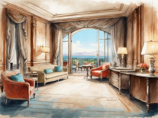 Das Bild zeigt eine stilvolle Hotel-Suite mit einem großzügigen Wohnbereich und einem atemberaubenden Ausblick. Die Einrichtung ist elegant, geprägt von einer harmonischen Farbpalette mit Sofa und Sesseln in sanften Tönen, sowie einem kunstvollen Sideboard. Große Fenster lassen viel Licht herein und bieten einen Blick auf die Landschaft, vermutlich am Meer oder in den Bergen.

Das Leonardo Royal Hotel bietet luxuriöse Unterkünfte, oft in erstklassiger Lage, mit komfortablen Annehmlichkeiten. Es ist bekannt für seinen exzellenten Service und die stilvolle Gestaltung, die Gästen eine entspannende Atmosphäre und ein besonderes Erlebnis bietet. Ideal für sowohl Geschäftsreisende als auch Urlauber, legt das Hotel Wert auf Qualität und Komfort.