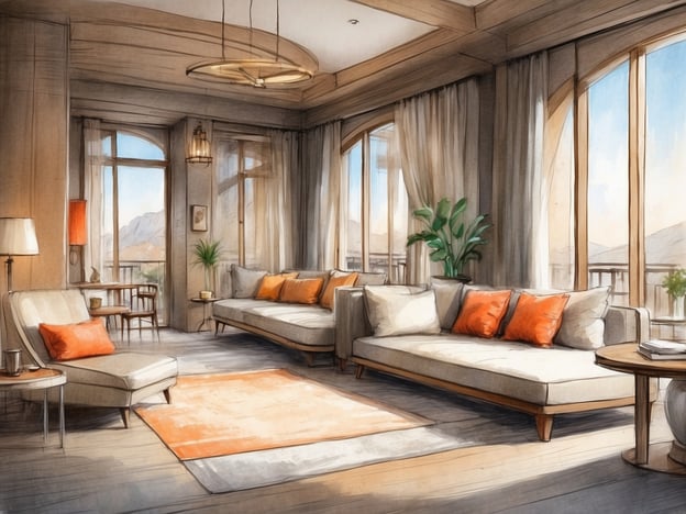 Auf dem Bild ist ein stilvolles und elegantes Wohnzimmer zu sehen. Der Raum wirkt hell und einladend, mit großen Fenstern, die viel Tageslicht hereinlassen. Die Einrichtung umfasst helle Möbel, darunter ein Sofa und Sessel mit orangefarbenen Kissen, sowie einen Tisch. Pflanzen und dekorative Elemente tragen zur gemütlichen Atmosphäre bei. 

Das Leonardo Hotel Düsseldorf City Center bietet eine moderne und komfortable Umgebung für Gäste, die sowohl auf Geschäftsreisen als auch im Urlaub sind. Es ist zentral gelegen und ermöglicht einen einfachen Zugang zu den Sehenswürdigkeiten der Stadt. Die Zimmer sind geschmackvoll eingerichtet und bieten Annehmlichkeiten, die den Aufenthalt angenehm gestalten.