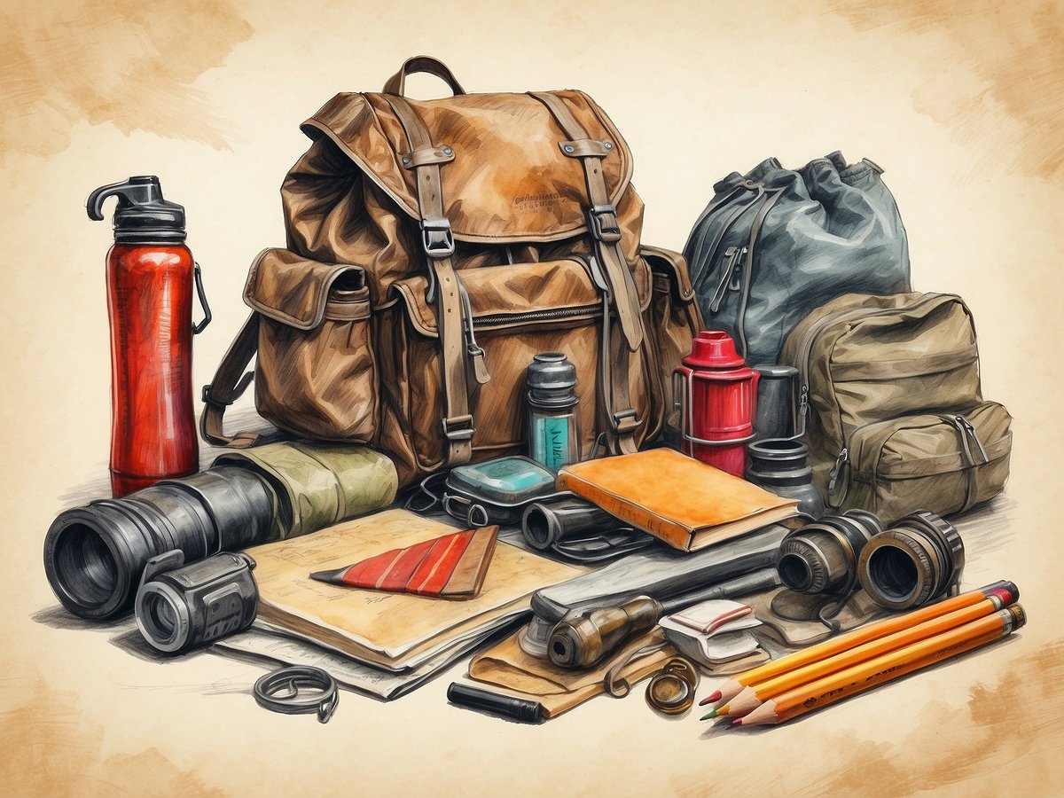 Auf dem Bild sind verschiedene Gegenstände zu sehen, die man zum Wandern benötigt. Im Vordergrund befinden sich ein Notizbuch, Bleistifte in verschiedenen Farben, eine Taschenlampe und eine kleine Handkurbel. Rechts ist ein runder Gegenstand, der wie eine Linse aussieht. In der Mitte liegt ein gelbes Notizbuch, umgeben von weiteren Notizblöcken. Im Hintergrund sieht man einen großen, braunen Rucksack, der offen ist und mehrere Taschen hat. Daneben steht eine rote Trinkflasche und weitere kleinere Taschen. Es gibt auch eine grüne und eine schwarze Tasche sowie verschiedene Ausrüstungsgegenstände wie unter anderem ein Teleskop und eine Wasserflasche.