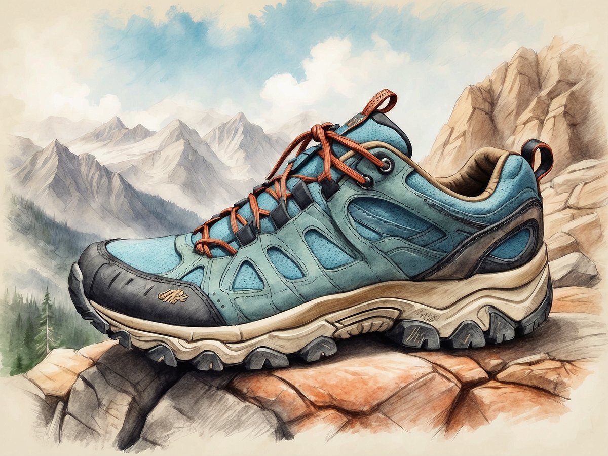 Auf dem Bild ist ein Wanderschuh in einer blauen Farbe zu sehen, der auf einem steinigen Untergrund platziert ist. Der Schuh hat eine robuste Sohle mit gutem Profil, was für Stabilität und Grip beim Wandern sorgt. Die Schnürsenkel sind orange und verleihen dem Schuh einen farblichen Akzent. Im Hintergrund sind sanfte Hügel und Berge zu erkennen, die eine natürliche und kühle Landschaft darstellen, was die aktive Outdoor-Aktivität des Wanderns unterstreicht.