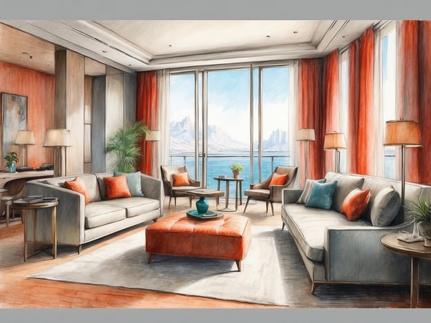 Auf dem Bild ist eine stilvoll eingerichtete Suite zu sehen, die eine komfortable und moderne Atmosphäre ausstrahlt. Die Suite verfügt über große Fenster, die einen Blick auf eine Wasserlandschaft bieten, und hochwertiges Mobiliar mit farbenfrohen Akzenten. Sofas und Sessel laden zum Verweilen ein, während Tischchen und eine zentrale Pouf für zusätzliche Funktionalität sorgen. Solche Suiten im Leonardo Hotel Munich Arabellapark bieten oft einen luxuriösen Rückzugsort mit angenehmem Ambiente, ideal für Entspannung oder geschäftliche Treffen.