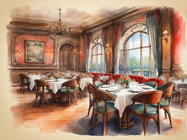 Auf dem Bild ist ein elegantes Restaurant zu sehen, das eine raffinierte und einladende Atmosphäre bietet. Die Tische sind mit weißen Tischdecken eingedeckt und sind für ein besonderes Dining-Erlebnis vorbereitet, möglicherweise für ein romantisches Abendessen oder ein feierliches Ereignis. 

Die warmen Farbtöne der Wandverkleidung und die stilvollen Möbel schaffen ein klassisches Ambiente, das perfekt für Gourmets ist, die die Kulinarik des Hotels genießen möchten. 

Die großen Fenster bieten einen Blick auf die Umgebung, was darauf hindeutet, dass man beim Essen nicht nur die Speisen, sondern auch die Aussicht genießen kann. In der Nähe des Hotels könnte es noch weitere gastronomische Möglichkeiten geben, wie lokale Cafés und Restaurants, die regionale Spezialitäten anbieten. Ein Besuch in der Umgebung könnte sich als lohnenswert erweisen, um die gastronomische Vielfalt zu entdecken.