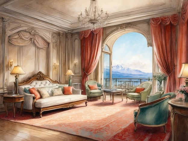 Auf dem Bild ist eine elegant eingerichtete Suite zu sehen. Der Raum hat große Fenster, die einen Blick auf eine Berglandschaft bieten. Die Wände sind mit feinen Verzierungen dekoriert und es gibt einen opulenten Kronleuchter an der Decke. Im Raum befinden sich bequeme Sofas und Sessel in sanften Farben sowie ein dekorativer Teppich, der den Boden schmückt. Die Vorhänge sind in einem warmen Rotton gehalten, was dem Raum eine luxuriöse Atmosphäre verleiht.