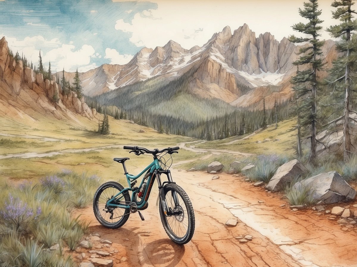 Ein Mountainbike steht auf einem staubigen Pfad, umgeben von einer malerischen Landschaft mit hohen Bergen im Hintergrund und einem klaren Himmel. Die Umgebung ist geprägt von Felsen, Bäumen und grünen Wiesen, die teilweise mit lila Blumen bedeckt sind. Der Pfad führt durch das Tal und weist einen leicht abfallenden Verlauf auf. Die Szene strahlt Ruhe und Abenteuerlust aus und eignet sich perfekt für einen Mountainbike-Urlaub. Wichtig wäre, die richtige Ausrüstung zu wählen, sich über die Strecke zu informieren und die Witterungsbedingungen zu beachten.