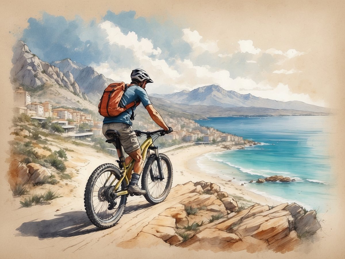 Ein Mountainbiker steht auf einem felsigen Aussichtspunkt und blickt auf eine malerische Küstenlandschaft. Im Hintergrund erheben sich hohe Berge unter einem teilweise bewölkten Himmel. Das strahlend blaue Meer umspült den goldenen Sandstrand, während im Vordergrund eine Küstenstadt mit zahlreichen Häusern sichtbar ist. Die Szenerie vermittelt ein Gefühl von Abenteuer und Freiheit, ideal für einen Mountainbike-Urlaub am Meer.