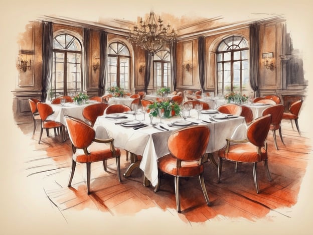 Auf dem Bild ist ein elegantes Restaurant zu sehen. Der Raum ist großzügig gestaltet, mit großen Fenstern, die viel Licht hereinlassen. Die Tische sind festlich mit weißen Tischdecken gedeckt und mit Geschirr und Besteck ordentlich angerichtet. Rote Stühle sorgen für einen warmen, einladenden Kontrast zur hellen Einrichtung. Darüber hinaus sind kleine Blumenarrangements auf den Tischen platziert, was dem Ambiente eine romantische Note verleiht. Die insgesamt gehobene Atmosphäre deutet darauf hin, dass es sich um einen Ort für besondere Anlässe oder gehobenes Dining handelt.