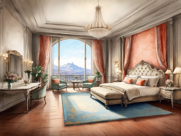 Auf dem Bild ist ein elegantes Zimmer zu sehen, das als Suite gestaltet ist. Es verfügt über ein großes, komfortables Bett und luxuriöse Möbel. Die Fenster bieten einen beeindruckenden Blick auf die Berge, und die Einrichtung ist mit stilvollen Vorhängen, einem Kronleuchter und geschmackvollen Dekorationen versehen. Im Raum befinden sich gemütliche Sitzgelegenheiten und ein Tisch, die eine einladende Atmosphäre schaffen.