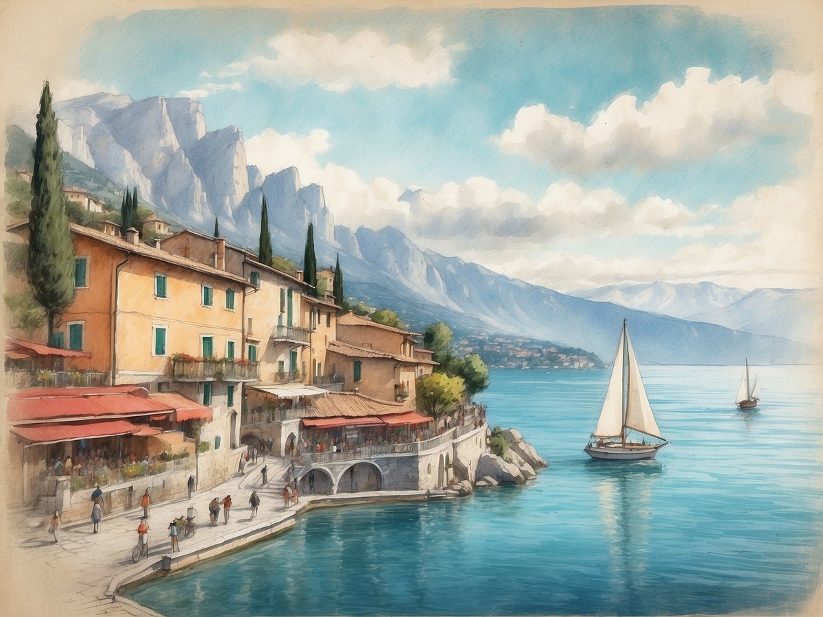 Eine malerische Küstenlandschaft am Gardasee mit bunten Häusern im mediterranen Stil. Die Gebäude sind umgeben von grünen Bäumen und bergigen Hintergründen. Am Wasser sind mehrere Segelboote zu sehen, die sanft auf den Wellen schaukeln. Spaziergänger, Radfahrer und Gäste in den Cafés fügen sich in das lebendige Ambiente ein. Der Himmel ist klar und blau mit einigen weißen Wolken, was die friedliche Atmosphäre des Ortes unterstreicht. Am Gardasee kann man wandern, segeln, die lokale Gastronomie genießen oder einfach die atemberaubende Landschaft bewundern.