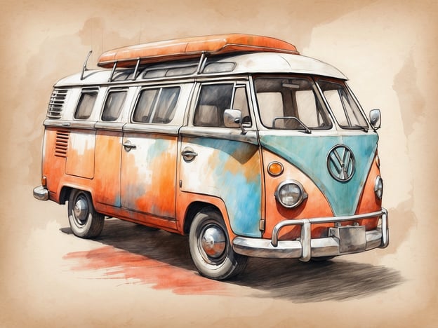 Auf dem Bild ist ein bunter Volkswagen-Bus zu sehen. Der Bus hat ein charakteristisches Design mit einer orange-blauen Farbe und einer markanten Front. Die Ausstattung scheint schlicht, ideal für Reisen oder Ausflüge. Dies könnte ein idealer Raum für einen Roadtrip sein, mit Platz für Passagiere und möglicherweise auch Stauraum für Gepäck. Die große Fensterfront lässt viel Licht hinein und sorgt für eine offene Atmosphäre.