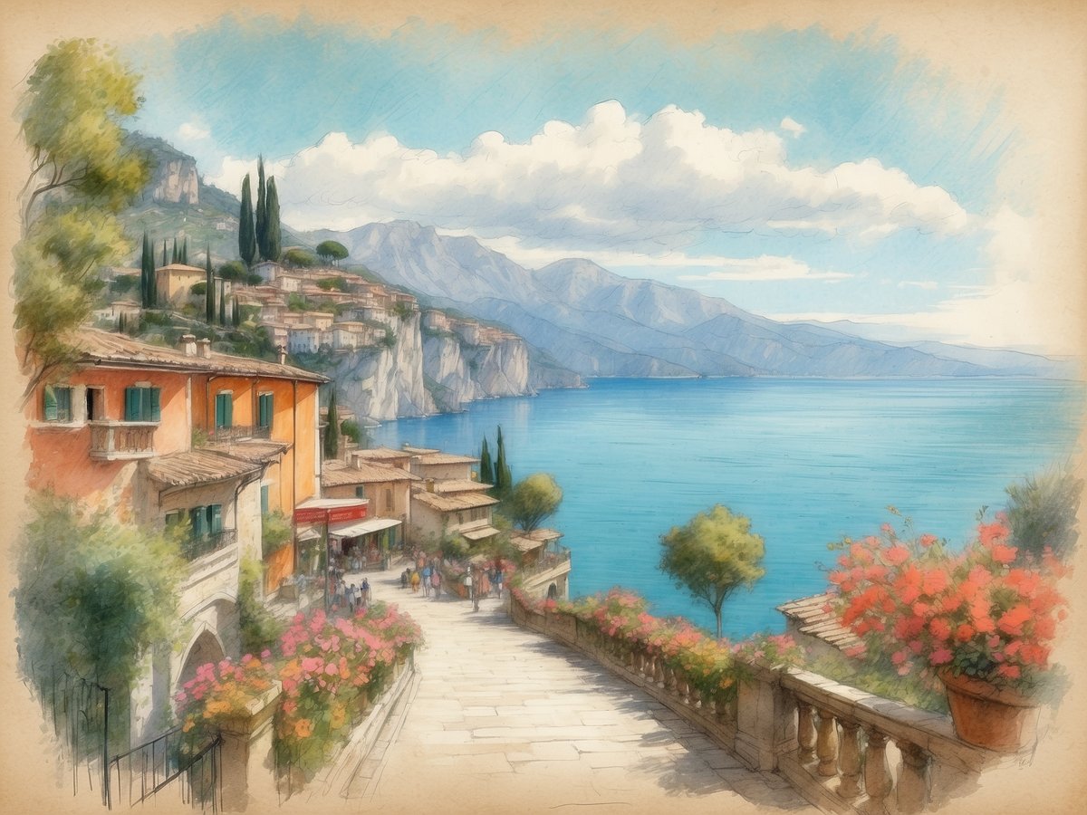 Eine malerische Aussicht auf den Gardasee mit einer geschwungenen Treppe, die zu einem schönen Ufer führt. Entlang der Treppe stehen bunt blühende Blumen und mediterrane Häuser mit terrakottafarbenen Fassaden. Im Hintergrund sind majestätische Berge und ein klarer blauer Himmel mit sanften Wolken sichtbar. Der Gardasee schimmert in verschiedenen Blautönen und vermittelt ein Gefühl von Ruhe und natürlicher Schönheit. Wie groß ist der Gardasee?