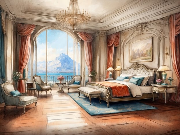 Auf dem Bild ist ein elegantes Schlafzimmer mit luxuriösem Interieur zu sehen. Es gibt ein großes Bett mit opulenten Kissen und einem dekorativen Überwurf. Zu den Annehmlichkeiten gehören stilvolle Sessel und ein Tisch mit Blumen. Die Fenster bieten einen atemberaubenden Ausblick auf die Berglandschaft, was eine helle und einladende Atmosphäre schafft. Die Raumgestaltung ist geprägt von edlen Materialien und klassischer Eleganz, die für Komfort und Stil sorgen.