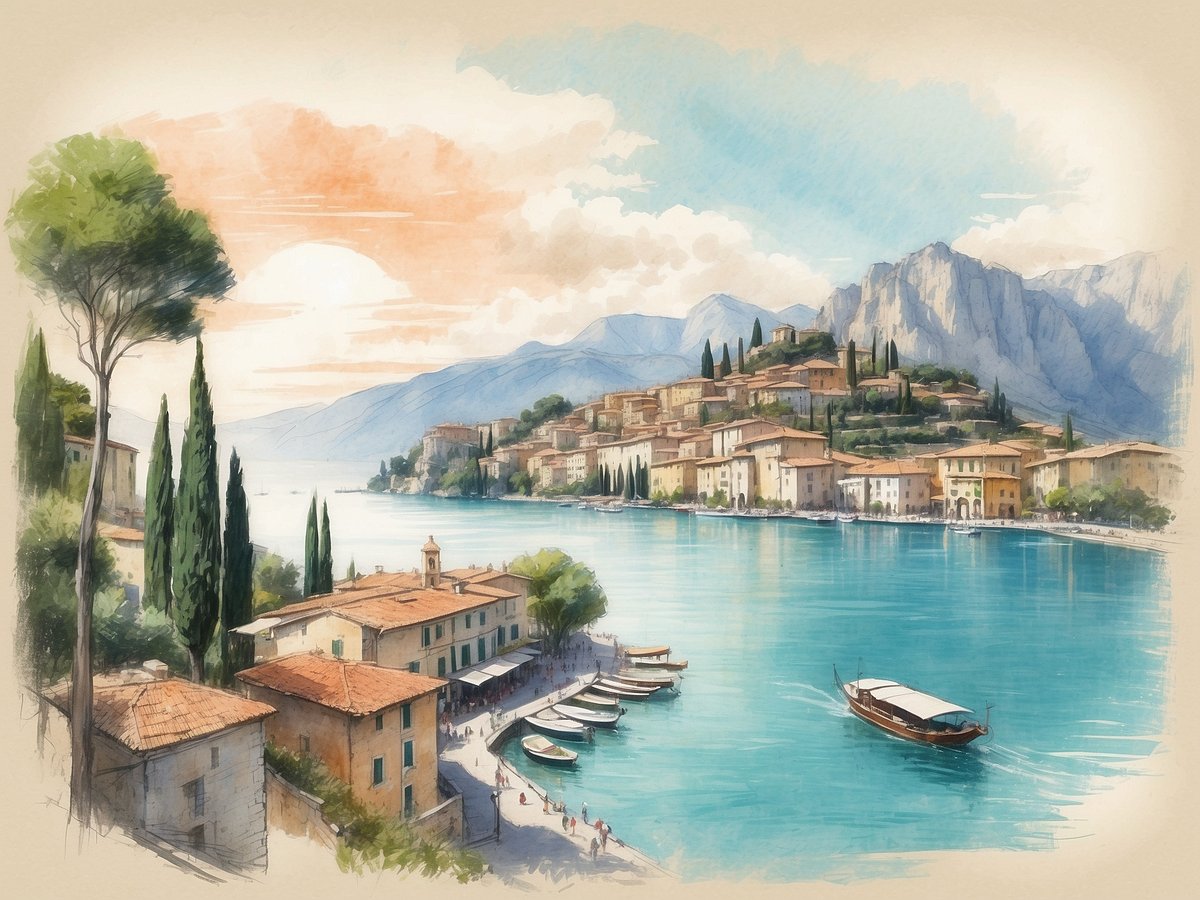 Eine malerische Aussicht auf den Gardasee mit sanften Wellen und glitzerndem Wasser. Am Ufer sind charmante Gebäude mit Terrakottadächern und farbigen Fassaden zu sehen. Einige Boote liegen am Steg, während im Hintergrund sanfte Hügel und majestätische Berge den Horizont bilden. Zypressen und andere Bäume umrahmen die Szenerie und verleihen der Landschaft einen mediterranen Charakter. Der Himmel ist in sanften Pastelltönen gefärbt, was auf einen herannahenden Sonnenuntergang hinweist. Der Gardasee liegt in Italien.