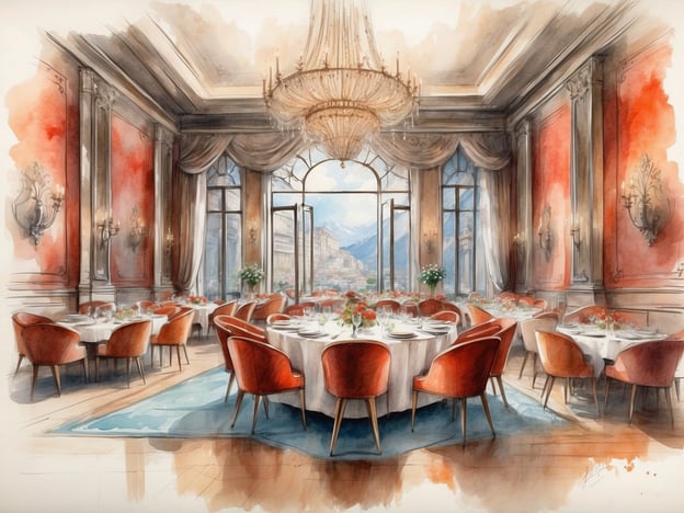 Auf dem Bild ist ein elegantes Restaurant in einem Hotel zu sehen. Der Raum ist geschmackvoll eingerichtet mit runden Tischdecken, die schön gedeckt sind. Rote Sessel sorgen für eine warme, einladende Atmosphäre. Große Fenster bieten einen herrlichen Blick auf eine beeindruckende Landschaft, möglicherweise mit Bergen. Der Raum ist zudem mit einer prächtigen Deckenleuchte und Wandlampen dekoriert, was ein luxuriöses Dining-Erlebnis verspricht. Insgesamt vermittelt die Szene eine elegante und stilvolle Umgebung, ideal für besondere Anlässe oder romantische Abendessen.