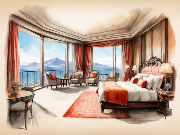 Auf dem Bild ist eine luxuriöse Hotelzimmer-Suite zu sehen. Die Suite ist hell und großzügig gestaltet, mit großen Fenstern, die einen beeindruckenden Blick auf eine Berglandschaft und einen See ermöglichen. 

Die Ausstattung umfasst ein großes Bett mit elegantem Kopfteil, bequeme Sessel und Tisch, sowie dekorative Elemente wie einen roten Teppich und Vorhänge. Es scheint ein harmonisches Zusammenspiel von Komfort und Stil zu sein, ideal für einen entspannenden Aufenthalt. Die insgesamt freundliche Atmosphäre der Suite wird durch das natürliche Licht und die geschmackvolle Einrichtung unterstrichen.