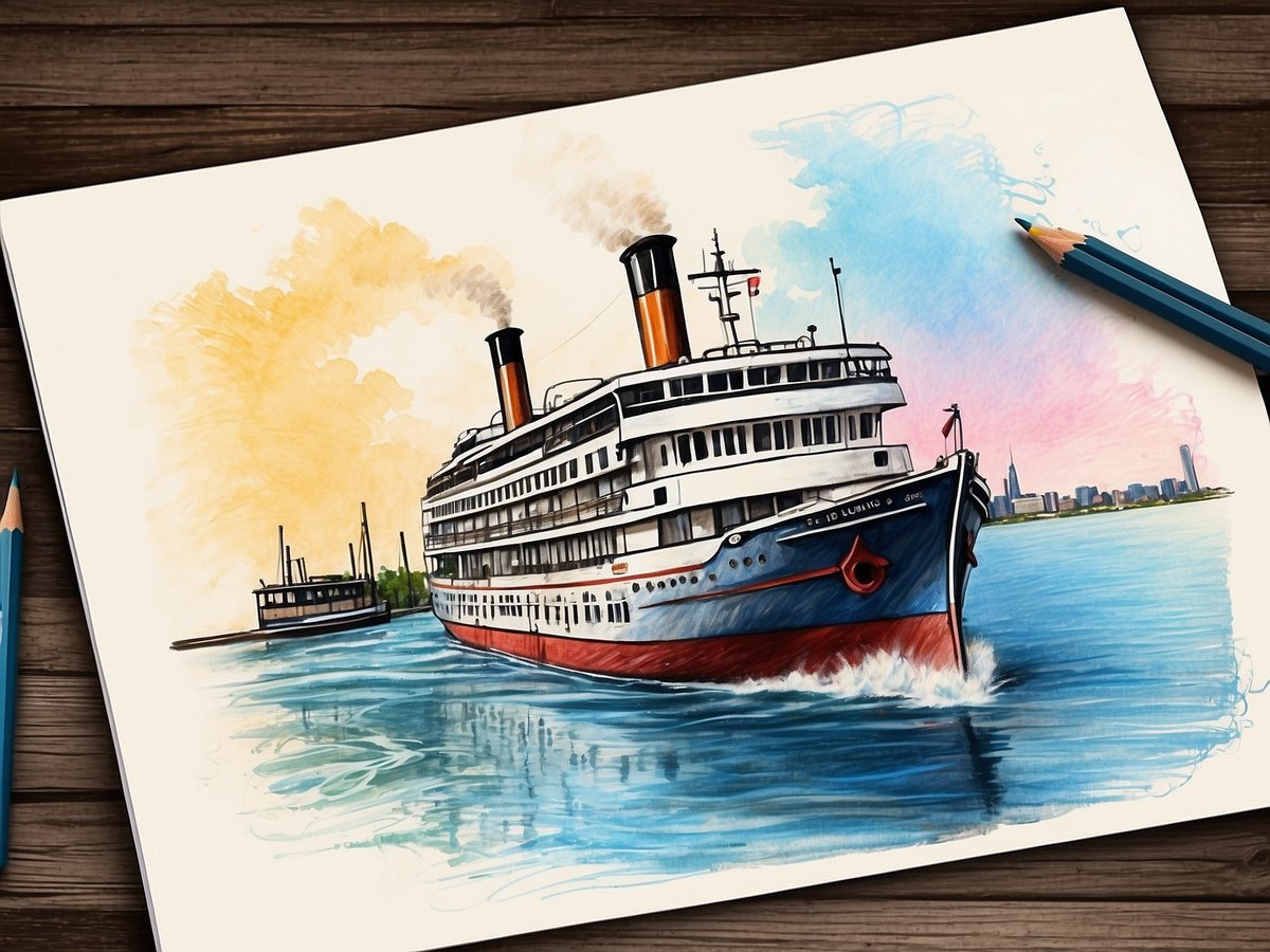 Ein illustriertes Bild eines Dampfschiffs, das majestätisch auf dem Wasser fährt. Das Schiff hat zwei hohe Schornsteine und ist in den Farben Blau, Weiß und Rot gehalten. Im Hintergrund ist eine Stadtlandschaft mit einem markanten Hochhausanschnitt und einem sanft gefärbten Himmel in pastellfarbenen Tönen zu sehen. Auf der linken Seite ist ein kleineres Boot in dunklem Farbton, das ruhig im Wasser liegt. Der Wasserfluss um das Schiff erzeugt sanfte Wellen und Reflexionen.