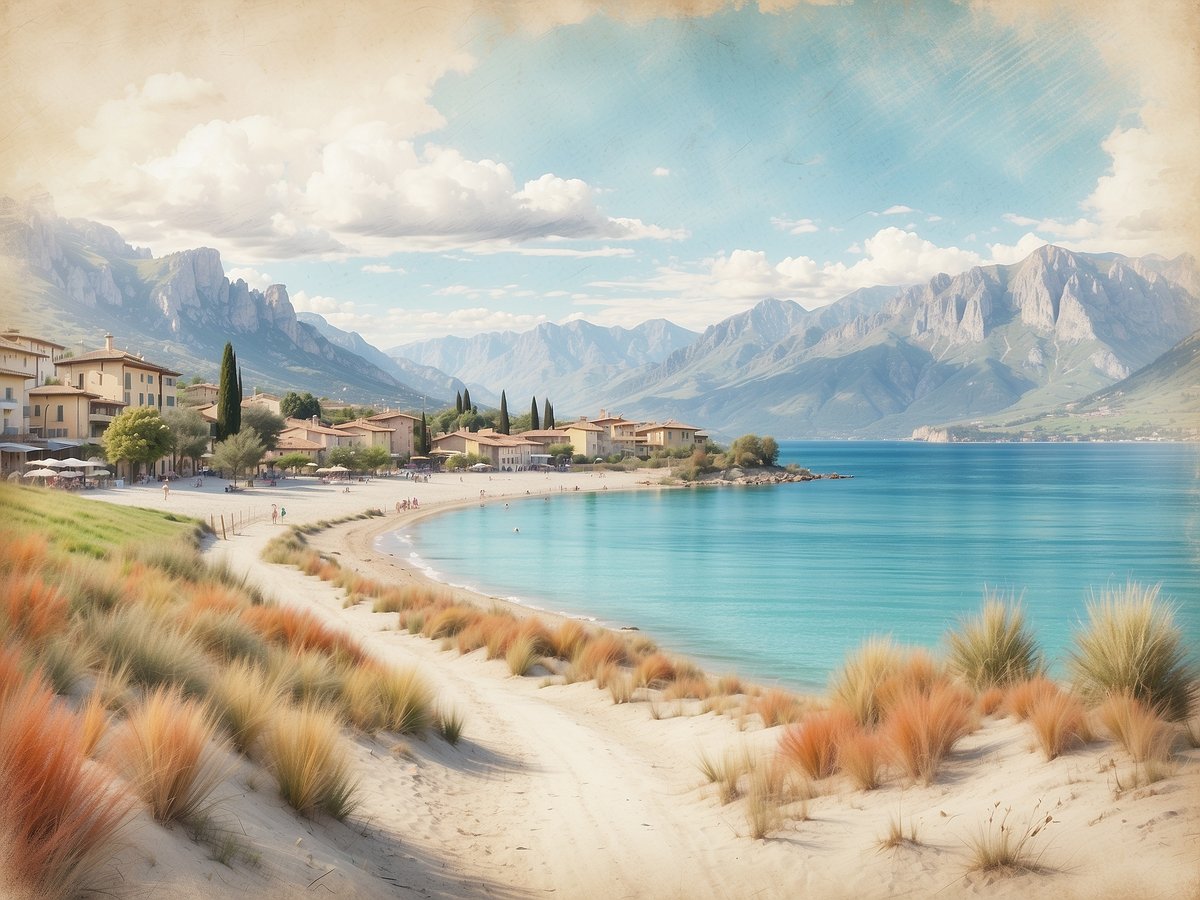 Am Ufer des Gardasees erstreckt sich ein sanfter Sandstrand, umgeben von blühenden Gräsern in warmen Farben. Im Hintergrund sind typische italienische Gebäude mit roten Dächern zu sehen, die sich harmonisch in die Landschaft einfügen. Der klare, turquoise Wasser des Sees spiegelt die majestätischen Berge wider, die den Horizont säumen. Einige Personen genießen den Strand und die schöne Aussicht, während im Himmel weiße Wolken einladend verstreut sind.