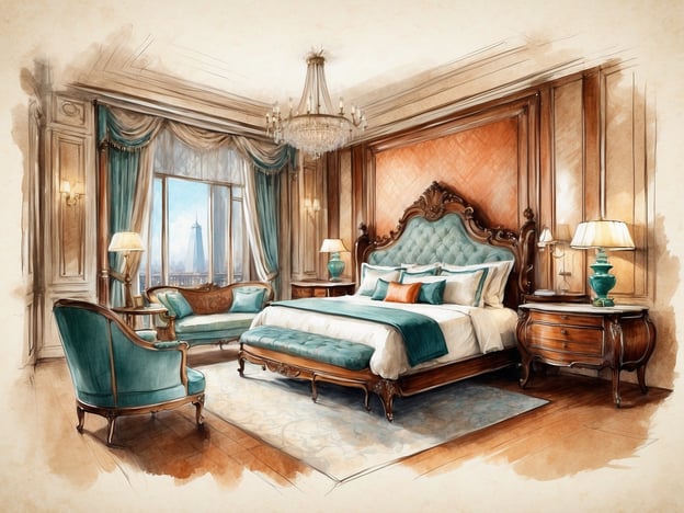 Auf dem Bild ist ein elegantes Schlafzimmer zu sehen, das mit luxuriösen Möbeln und einer stilvollen Farbpalette gestaltet ist. Die Highlights umfassen:

- **Prächtiges Himmelbett**: Das Bett hat eine kunstvoll gestaltete Kopfteil mit einem edlen Stoffbezug.
- **Eingeschlossene Sitzbereiche**: Eine gemütliche Sitzecke mit einem eleganten Sessel und einem Couchtisch lädt zum Entspannen ein.
- **Große Fenster**: Diese ermöglichen einen herrlichen Ausblick und lassen viel Tageslicht herein.
- **Stilvolle Dekoration**: Die Kombination aus Holz, sanften Farben und feinen Materialien vermittelt ein Gefühl von Opulenz.
- **Wandverkleidungen**: Die Wände sind geschmackvoll mit Holzverkleidungen und feinen Textilien dekoriert.

Die gesamte Atmosphäre strahlt Wohlbefinden und Luxus aus.