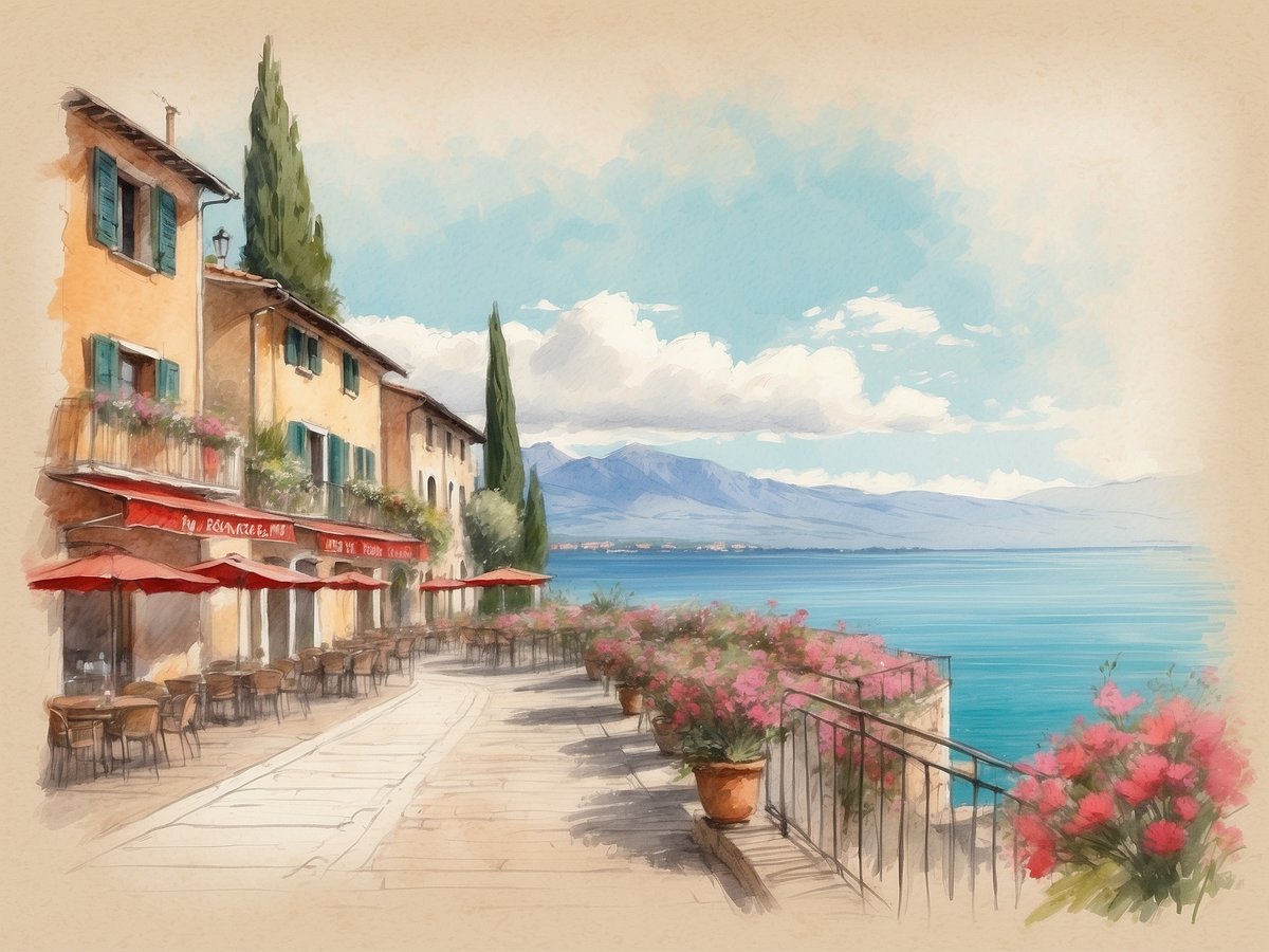 Eine malerische Uferpromenade in Bardolino am Gardasee ist zu sehen. Auf der linken Seite stehen charmante Gebäude mit hellen Fassaden und blauen Fensterläden, geschmückt mit bunten Blumen. Rote Sonnenschirme überdeckt die Tische der Cafés, die zur Terrasse auf der Promenade gehören. Im Hintergrund erstrecken sich sanfte, bewaldete Hügel und die klare, glitzernde Wasseroberfläche des Gardasees. Der Himmel ist blau mit einigen leichten Wolken, was eine einladende Atmosphäre schafft.