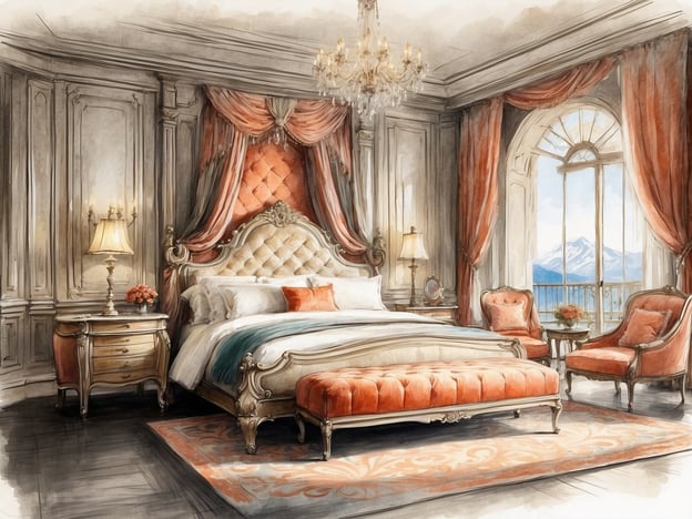 Auf dem Bild ist ein elegantes Schlafzimmer zu sehen, das durch seine stilvolle Einrichtung besticht. Die Wände sind kunstvoll gestaltet, und das opulente Bett mit einem gepolsterten Kopfteil lädt zum Entspannen ein. Seitlich stehen gemütliche Sessel, die zum Verweilen einladen, und ein kleiner Tisch mit einer Blumendekoration sorgt für einen Hauch von Farbe.

Das Zimmer verfügt über ein großes Fenster, das einen herrlichen Blick auf die Berge bietet, was für eine ruhige und inspirierende Atmosphäre sorgt. Eine elegante Stehlampe und ein kunstvolles Kronleuchter schaffen warmes Licht und vermitteln ein Gefühl von Luxus. Die Kombination aus warmen Farbtönen und stilvollen Accessoires macht den Raum besonders einladend und gemütlich – ideal für einen erholsamen Aufenthalt.