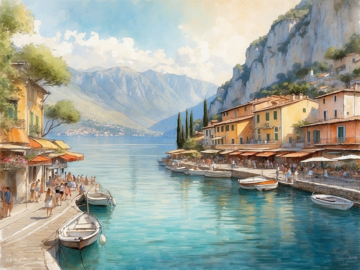 Eine malerische Küstenansicht von Brenzone am Gardasee zeigt das ruhige Wasser des Sees, umgeben von sanften Bergen. An der Uferpromenade stehen farbenfrohe Häuser mit blühenden Fensterkästen. Einige Menschen schlendern entspannt entlang der Steinstraße, während Boote sanft im Wasser schaukeln. Terrassen mit Sonnenschirmen laden zum Verweilen ein, und die gesamte Szenerie strahlt eine friedliche Urlaubsatmosphäre aus. Die Wolken am Himmel verleihen dem Bild eine weiche, romantische Note.