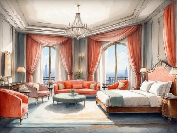 Auf dem Bild ist eine elegante Suite zu sehen, die mit luxuriösen Möbeln und sanften Farben gestaltet ist. Die Suite hat große Fenster, die für viel Tageslicht sorgen und einen herrlichen Blick auf die Umgebung bieten. Im Raum befinden sich eine bequeme Couch, ein runder Teppich und ein bequemes Bett, was eine einladende Atmosphäre schafft. Diese Art von Design könnte gut in eine der Suiten des Leonardo Hotel Hamburg Altona passen, das für stilvolles Ambiente und Komfort bekannt ist.