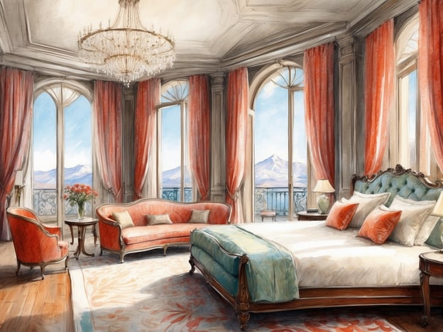 Auf dem Bild ist ein elegantes Zimmer zu sehen, das wie eine Suite gestaltet ist. Es gibt ein großes Bett mit dekorativen Kissen und eine Couch mit passenden Sesseln. Die Fenster sind groß und bieten einen Ausblick auf eine bergige Landschaft, während die Vorhänge und die Einrichtung in warmen Farben gehalten sind. Zudem ist ein stilvoller Kronleuchter an der Decke zu sehen, der dem Raum eine luxuriöse Atmosphäre verleiht. Ein kleiner Tisch mit Blumen ergänzt die gemütliche Einrichtung des Zimmers.