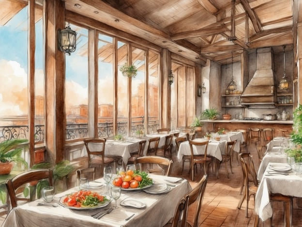 Auf dem Bild ist ein elegantes Restaurant zu sehen. Der Raum hat große Fenster, die viel Licht hereinlassen und einen schönen Ausblick bieten. Die Tische sind schön gedeckt, mit frischen Zutaten wie Salat und Tomaten auf den Tellern. Die Einrichtung ist rustikal und einladend, mit Holzdetails und Pflanzen, die eine gemütliche Atmosphäre schaffen. Im Hintergrund sieht man eine offene Küche, die den Gästen einen Einblick in die Zubereitung der Speisen ermöglicht.