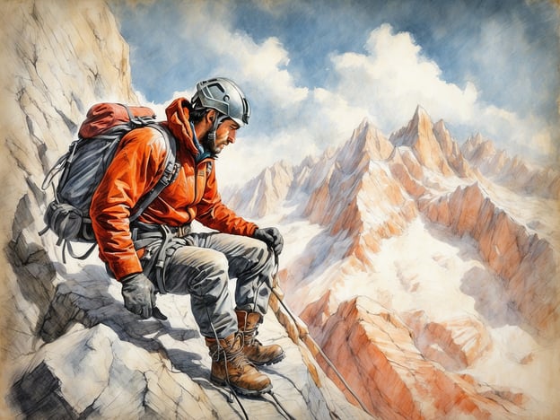 Auf dem Bild ist ein Bergsteiger in einem orangefarbenen Jacke zu sehen, der an einem Felsen sitzt und die beeindruckende Berglandschaft betrachtet. Diese Darstellung erinnert an die frühen Anfänge des Eiskletterns, als Pioniere des Alpinismus mit minimaler Ausrüstung in unerschlossene Gebiete vordrangen. Die Kombination aus technischem Können und der Erkundung der Natur war prägend für diese Zeit. Die Klippenszene vermittelt das Gefühl von Abenteuer und das Streben nach Erneuerung, typisch für diese Ära in der Geschichte des Bergsteigens.