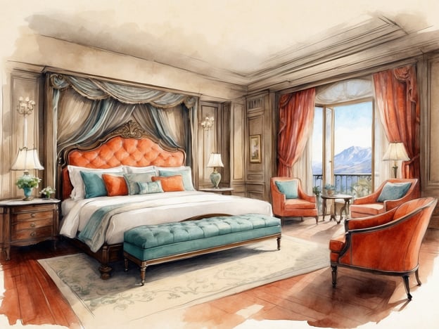 Auf dem Bild ist ein elegantes Hotelzimmer zu sehen. Es ist geschmackvoll eingerichtet und bietet eine luxuriöse Atmosphäre. Der große, gepolsterte Kopfbereich des Bettes in warmen Orangetönen und die harmonisch abgestimmten Kissen verleihen dem Raum eine einladende Note. Ein stilvoller Hocker sowie bequeme Sessel in sanften Blau- und Orangetönen ergänzen die Einrichtung.

Die Fenster sind offen und bieten einen schönen Blick auf die Berge, was dem Zimmer zusätzliches Licht und eine angenehme Aussicht verleiht. Die Wände sind geschmackvoll dekoriert, und die sanfte Beleuchtung sorgt für ein gemütliches Ambiente. Insgesamt vermittelt das Hotelzimmer einen Eindruck von Komfort und Stil, ideal für einen entspannenden Aufenthalt.