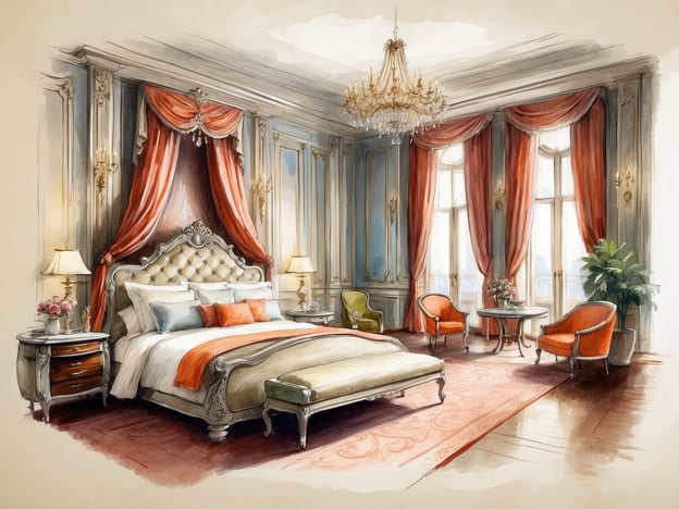 Auf dem Bild ist ein elegantes Zimmer zu sehen, das als Schlafzimmer gestaltet ist. Es verfügt über ein großes Bett mit opulentem Kopfteil, das mit Kissen dekoriert ist. An den Fenstern hängen schwere Vorhänge in warmen Farben. Der Raum hat außerdem zwei orangefarbene Sessel und einen Tisch, der in der Mitte steht. Eine Pflanze und einige lampenartige Einrichtungen verleihen dem Zimmer eine einladende Atmosphäre. Am Boden liegt ein Teppich, der das Gesamtbild harmonisch abrundet.