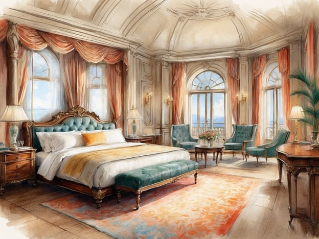 Auf dem Bild ist ein elegantes und luxuriöses Schlafzimmer zu sehen. Es zeichnet sich durch große Fenster mit Aussicht und stilvolle Vorhänge aus, die eine freundliche Atmosphäre schaffen. 

Das Bett hat eine ansprechende, gepolsterte Rückenlehne und ist mit hochwertigen Bettwaren ausgestattet. Neben dem Bett befinden sich zwei Nachttische mit Tischlampen, die für sanftes Licht sorgen. 

In dem Raum befinden sich auch zwei komfortable Sessel und ein Couchtisch, die zum Entspannen einladen. Der Teppich und die stilvollen Möbel verleihen dem Raum eine warme und einladende Note. Die gesamte Einrichtung ist geprägt von klassischem Design und Eleganz, was es zu einem perfekten Rückzugsort macht. 

Die Annehmlichkeiten und Services könnten eine Minibar, Zimmerservice und möglicherweise einen Concierge-Service umfassen, um den Aufenthalt noch angenehmer zu gestalten.