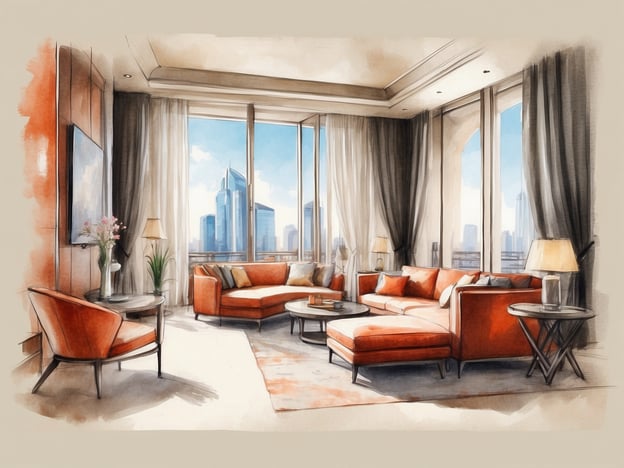 Auf dem Bild ist ein stilvoll eingerichtetes Wohnzimmer zu sehen, das durch große Fenster mit Blick auf eine moderne Skyline erhellt wird. Die Verwendung von warmen Farben und eleganten Möbeln vermittelt eine einladende Atmosphäre. 

In der Geschichte des NYX Hotels steht die Verbindung von Modernität und Komfort im Vordergrund. Diese Hotels sind bekannt für ihr urbanes Design und die Schaffung eines ansprechenden Ambientes für Reisende. Sie kombinieren kreativen Stil mit einem Gefühl von Heimat, was sich auch in der dargestellten Wohnsituation widerspiegelt.  Hier wird ein Raum gezeigt, der ideal für Entspannung und Geselligkeit ist, ähnlich wie die Aufenthaltsbereiche in NYX Hotels, wo Gäste sich wohlfühlen und die lokale Kultur erleben können.