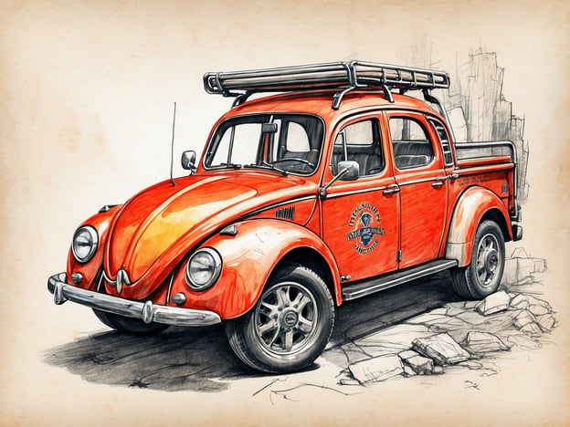 Auf dem Bild ist ein orangefarbener Volkswagen Käfer zu sehen, der als Pick-up umgebaut wurde. 

**Wichtige Meilensteine:**

1. **Design und Geschichte**: Der Volkswagen Käfer wurde in den 1930er Jahren entworfen und wurde zu einem der bekanntesten Autos der Welt.
2. **Produktion**: Die Produktion begann offiziell 1945, und das Auto wurde in Millionenstückzahlen hergestellt.
3. **Kultstatus**: In den 1960er Jahren erlangte der Käfer Kultstatus, insbesondere in der Jugendkultur.
4. **Umbauten und Variationen**: Der Käfer erlebte viele Varianten, darunter der Pick-up, der für Transportzwecke angepasst wurde.
5. **Restaurierung und Popularität**: Heute sind restaurierte Käfer sehr beliebt bei Autoenthusiasten und Oldtimer-Liebhabern.